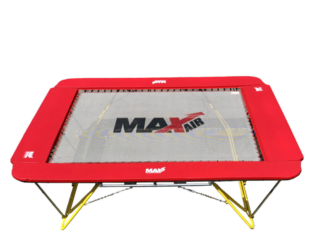 What is the best trampoline? A MaxAir of course. The MaxAir 10x12 foot trampoline with red border padding and stability stands.