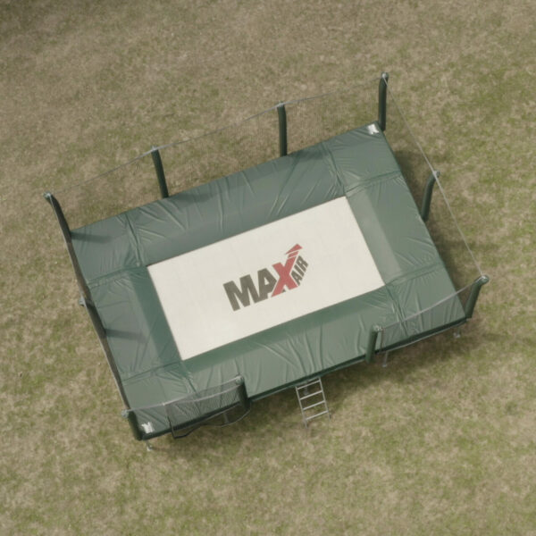 Birds eye view of a 7 x 14 Above Ground Deluxe Trampoline with Net Enclosure.