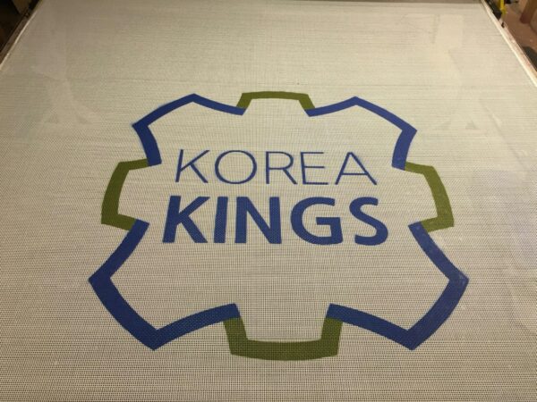 Trampoline design, including the bed, can be unique to any experience. Korea Kings trampoline bed logo.