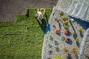 Trampoline landscaping ideas work best when your backyard oasis is in its early stages. A landscaper installing sod