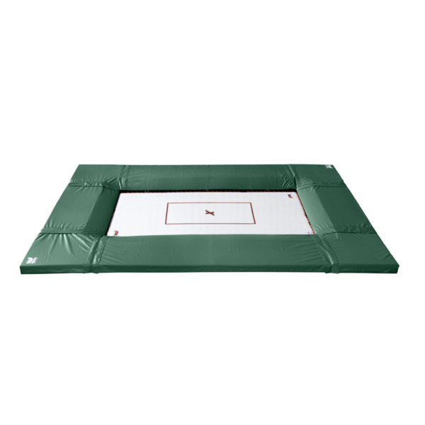 Medium green deluxe pads surround this six foot by twelve foot inground trampoline.