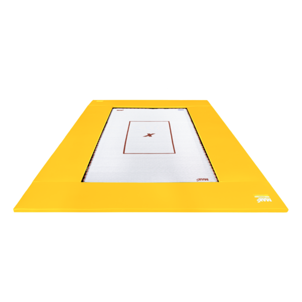 Standard inground golden yellow MaxAir Trampolines Olympic-sized Fly Bed in white with red MaxAir markings.