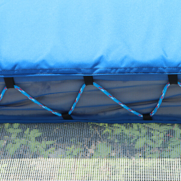 Detail view of a crash mat's mesh siding and nylon cord for handling.